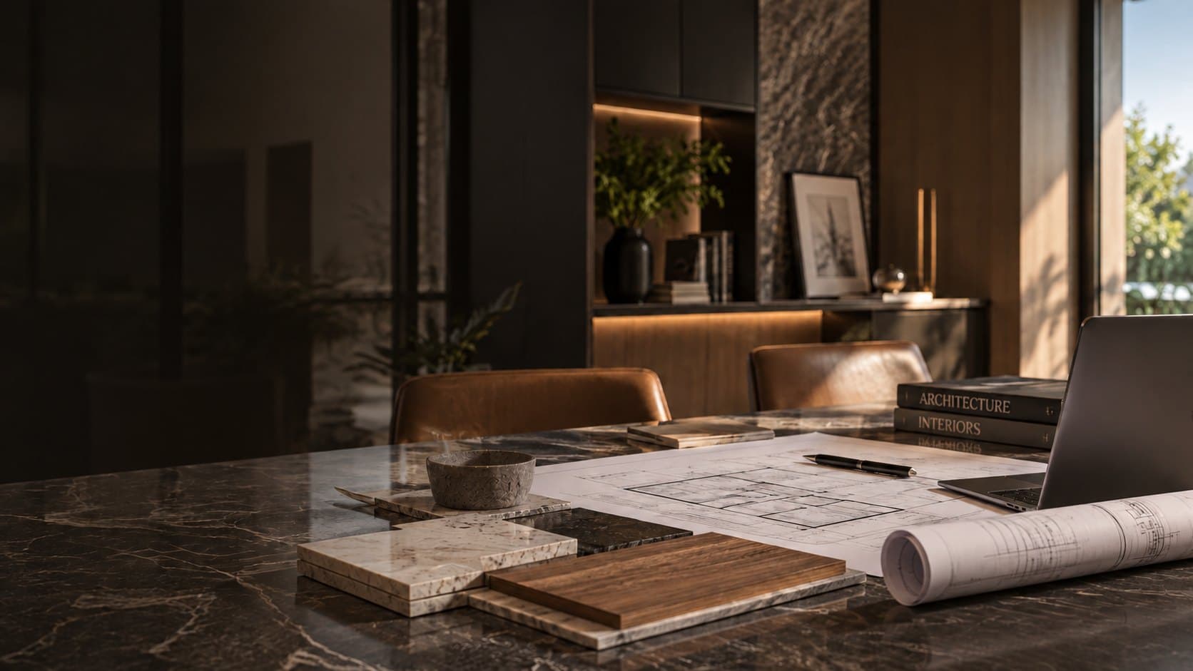 Dark stone work table with an unrolled floor plan, marble and wood samples, a roll of drawings and a laptop, in a warmly lit design office.